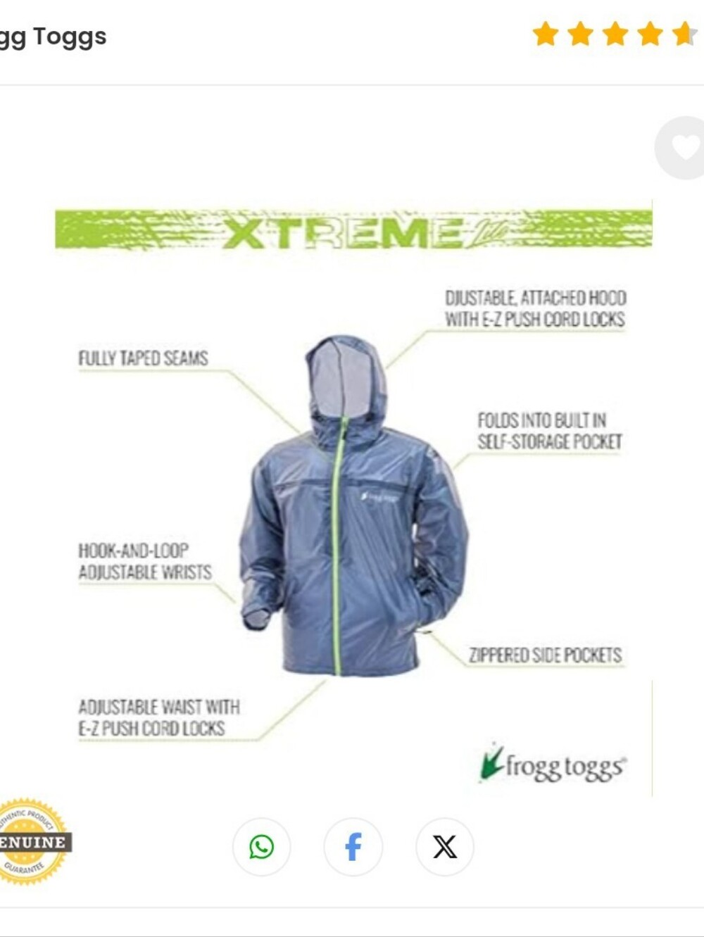 frogg toggs Xtreme Lightweight Packable Jacket - Blueish with Lime Trim